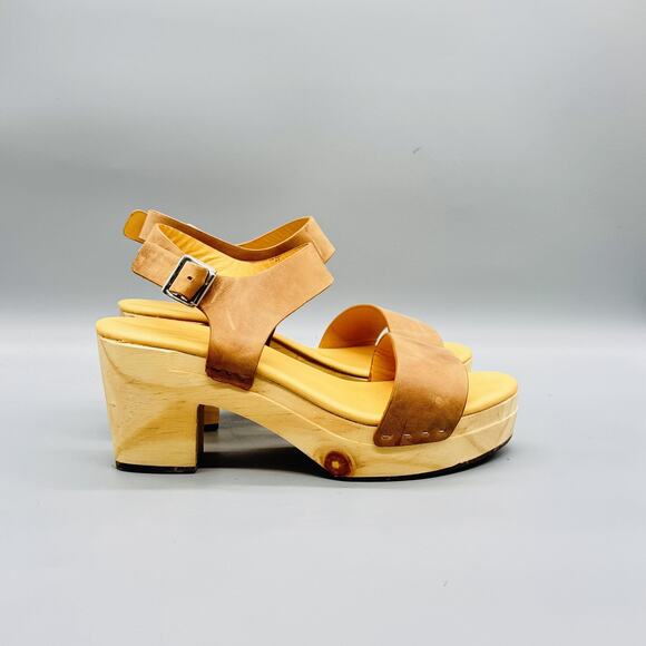 Nisolo Shoes - Nisolo Sandals Womens 8 Brown Leather Slingback Wooden Platform Block Heel Shoes